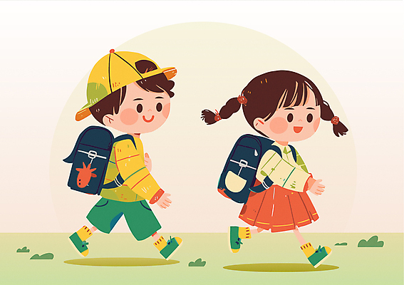 전신 모자 학생 여자 교육 남자 초등학생 어린이 일러스트 책가방 소녀 소년 두명 생활 친구 노란색 걷기 등교 하교 어린이만 국내일러스트 AI파일 잡화 컬러 가방 관계 모션 사람 등하교 파일형식 벡터