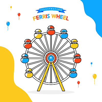 리본 일러스트 사람없음 빨간색 파란색 노란색 흰색 놀이기구 대관람차 풍선 물결무늬 국내일러스트 AI파일 물결 컬러 무늬 파일형식 벡터