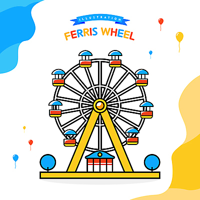 리본 일러스트 사람없음 빨간색 파란색 노란색 흰색 놀이기구 대관람차 풍선 물결무늬 국내일러스트 AI파일 물결 컬러 무늬 파일형식 벡터
