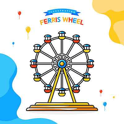 리본 일러스트 사람없음 빨간색 파란색 노란색 계단 흰색 놀이기구 대관람차 풍선 물결무늬 국내일러스트 AI파일 물결 컬러 무늬 파일형식 벡터