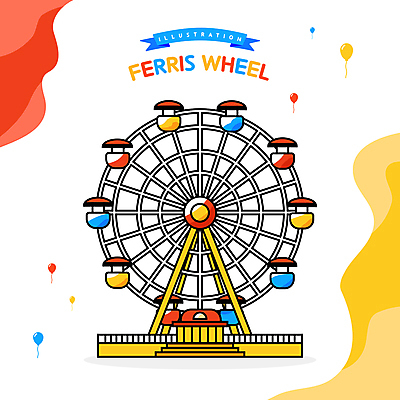 리본 일러스트 난간 사람없음 빨간색 파란색 노란색 계단 흰색 놀이기구 대관람차 풍선 물결무늬 국내일러스트 AI파일 물결 컬러 무늬 파일형식 벡터