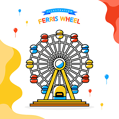 리본 일러스트 사람없음 빨간색 파란색 노란색 흰색 놀이기구 대관람차 풍선 물결무늬 국내일러스트 AI파일 물결 컬러 무늬 파일형식 벡터