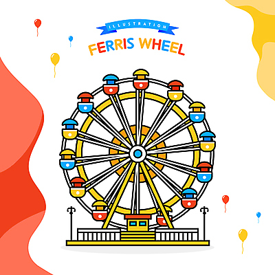 리본 가로등 일러스트 난간 사람없음 빨간색 파란색 노란색 계단 흰색 놀이기구 대관람차 풍선 물결무늬 국내일러스트 AI파일 공공시설 물결 컬러 무늬 파일형식 벡터