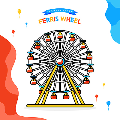 리본 일러스트 사람없음 빨간색 파란색 노란색 흰색 놀이기구 대관람차 풍선 물결무늬 국내일러스트 AI파일 물결 컬러 무늬 파일형식 벡터