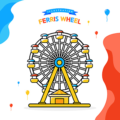 리본 일러스트 사람없음 빨간색 파란색 노란색 흰색 놀이기구 대관람차 풍선 물결무늬 국내일러스트 AI파일 물결 컬러 무늬 파일형식 벡터
