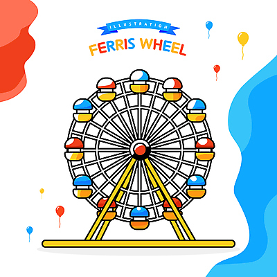 리본 일러스트 사람없음 빨간색 파란색 노란색 흰색 놀이기구 대관람차 풍선 물결무늬 국내일러스트 AI파일 물결 컬러 무늬 파일형식 벡터