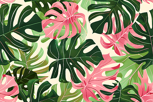 JPG 분홍색 백그라운드 잎 일러스트 사람없음 초록색 열대식물 몬스테라 국내일러스트 AI일러스트 AI콘텐츠 식물 컬러 파일형식