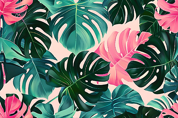 JPG 분홍색 백그라운드 잎 일러스트 사람없음 초록색 열대식물 몬스테라 국내일러스트 AI일러스트 AI콘텐츠 식물 컬러 파일형식