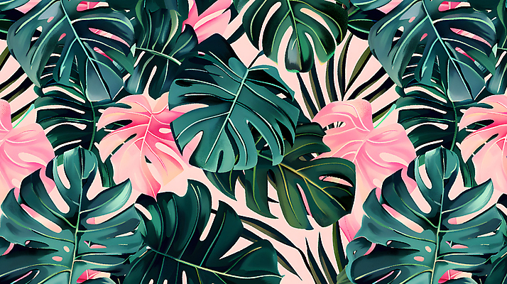 JPG 분홍색 백그라운드 잎 일러스트 사람없음 초록색 열대식물 몬스테라 국내일러스트 AI일러스트 AI콘텐츠 식물 컬러 파일형식
