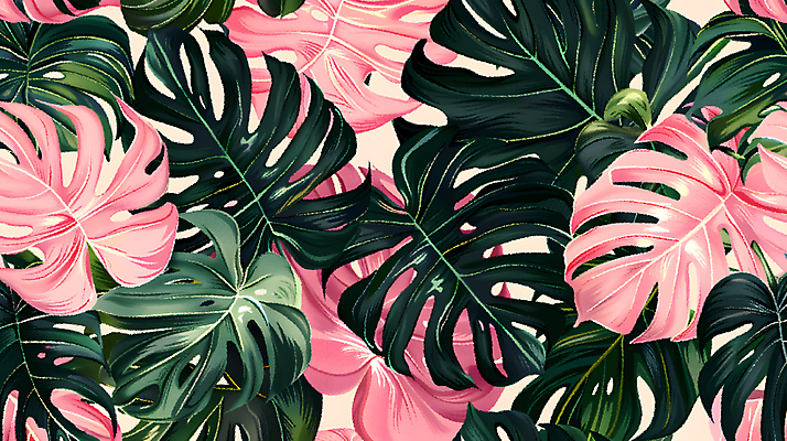 JPG 분홍색 백그라운드 잎 일러스트 사람없음 초록색 열대식물 몬스테라 국내일러스트 AI일러스트 AI콘텐츠 식물 컬러 파일형식