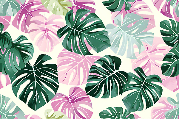 JPG 분홍색 백그라운드 잎 일러스트 사람없음 초록색 열대식물 몬스테라 국내일러스트 AI일러스트 AI콘텐츠 식물 컬러 파일형식