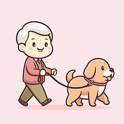 전신 할아버지 노년 남자 행복 분홍색 일러스트 한명 산책 잡기 강아지 목줄 노인남자한명만 국내일러스트 AI파일 1 감정 컬러 모션 휴식 사람 성인 반려동물 개 남자한명만 노인남자만 파일형식 벡터 반려용품