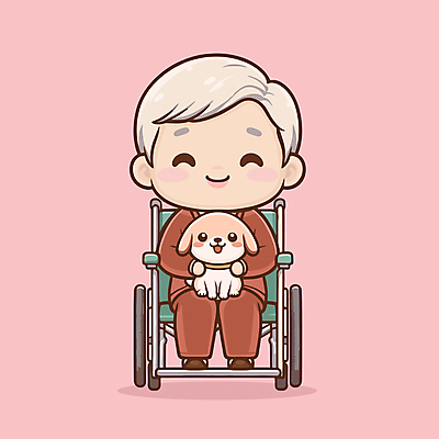 전신 할아버지 노년 남자 행복 반려견 분홍색 일러스트 사랑 한명 앉기 친구 강아지 휠체어 동반 노인남자한명만 국내일러스트 AI파일 1 감정 컬러 관계 모션 사람 성인 반려동물 개 남자한명만 노인남자만 파일형식 벡터