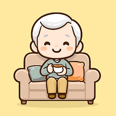 전신 할아버지 노년 남자 행복 여유 커피 일러스트 휴식 한명 들기 앉기 소파 노란색 커피잔 노인남자한명만 국내일러스트 AI파일 1 감정 음료 컬러 컨셉 의자 모션 잔 사람 성인 남자한명만 노인남자만 파일형식 벡터