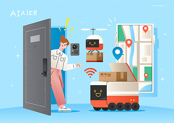 전신 여자 하늘색 지도 일러스트 한명 성인 스마트폰 상자 초인종 로봇 택배 현관문 위치 네비게이션 드론 성인여자한명만 AI_인공지능 국내일러스트 AI파일 1 사람 파란색 핸드폰 스마트기기 문 운송업 종 여자한명만 성인여자만 파일형식 벡터