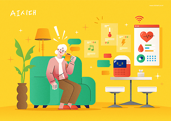 전신 식물 여자 노년 화분 할머니 음악 말풍선 일러스트 탁자 한명 소파 선글라스 노란색 스탠드 맥박 로봇 온도 노인여자한명만 스마트홈 AI_인공지능 국내일러스트 AI파일 1 안경 컬러 가구 의자 의학 문화예술 조명 사람 성인 여자한명만 노인여자만 파일형식 벡터