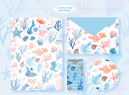 PSD 백그라운드 패턴 일러스트 조개 편지봉투 어류 사람없음 여름 파란색 세트 수중동물 화려 해초 산호 편지지 국내일러스트 동물 계절 컬러 컨셉 무늬 어패류 봉투 해조류 자포동물 편지 파일형식