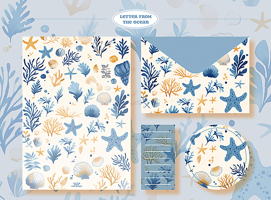 PSD 백그라운드 패턴 일러스트 조개 편지봉투 어류 사람없음 여름 파란색 세트 수중동물 화려 해초 산호 편지지 국내일러스트 동물 계절 컬러 컨셉 무늬 어패류 봉투 해조류 자포동물 편지 파일형식