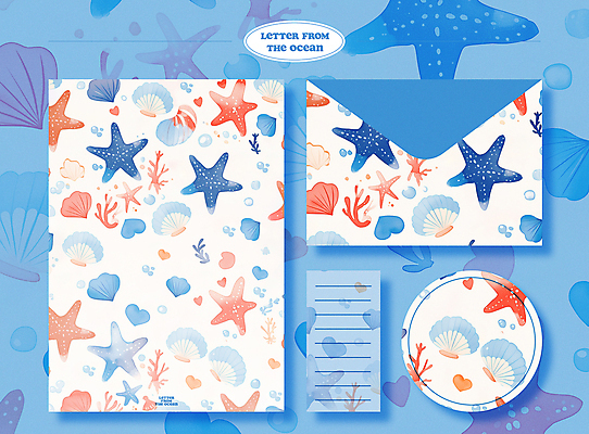 PSD 백그라운드 패턴 일러스트 조개 편지봉투 어류 사람없음 여름 파란색 세트 수중동물 화려 해초 산호 편지지 국내일러스트 동물 계절 컬러 컨셉 무늬 어패류 봉투 해조류 자포동물 편지 파일형식