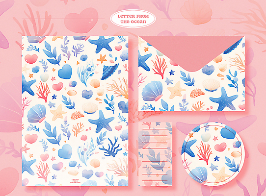 PSD 분홍색 백그라운드 패턴 일러스트 조개 편지봉투 어류 사람없음 여름 세트 수중동물 화려 해초 산호 편지지 국내일러스트 동물 계절 컬러 컨셉 무늬 어패류 봉투 해조류 자포동물 편지 파일형식