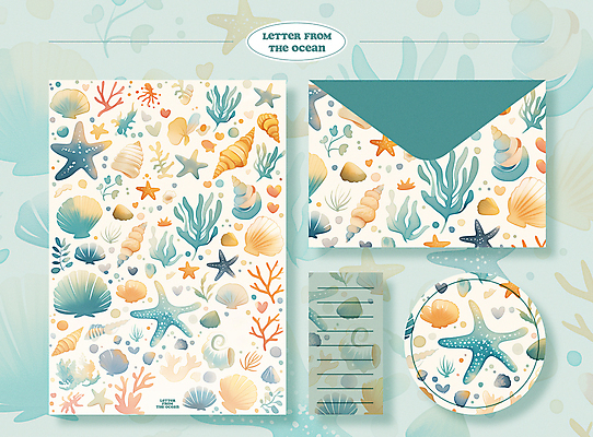 PSD 백그라운드 패턴 일러스트 조개 편지봉투 어류 사람없음 초록색 여름 세트 수중동물 화려 해초 산호 편지지 국내일러스트 동물 계절 컬러 컨셉 무늬 어패류 봉투 해조류 자포동물 편지 파일형식
