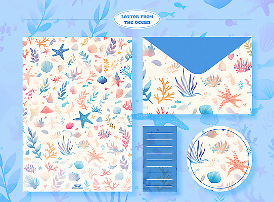 PSD 백그라운드 패턴 일러스트 조개 편지봉투 어류 사람없음 여름 파란색 세트 수중동물 화려 해초 산호 편지지 국내일러스트 동물 계절 컬러 컨셉 무늬 어패류 봉투 해조류 자포동물 편지 파일형식