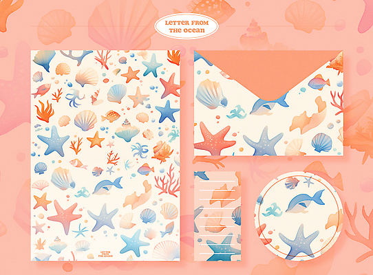 PSD 백그라운드 패턴 일러스트 조개 편지봉투 어류 사람없음 여름 세트 주황색 수중동물 화려 해초 산호 편지지 국내일러스트 동물 계절 컬러 컨셉 무늬 어패류 봉투 해조류 자포동물 편지 파일형식