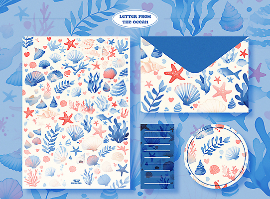 PSD 백그라운드 패턴 일러스트 조개 편지봉투 어류 사람없음 여름 파란색 세트 수중동물 화려 해초 산호 편지지 국내일러스트 동물 계절 컬러 컨셉 무늬 어패류 봉투 해조류 자포동물 편지 파일형식