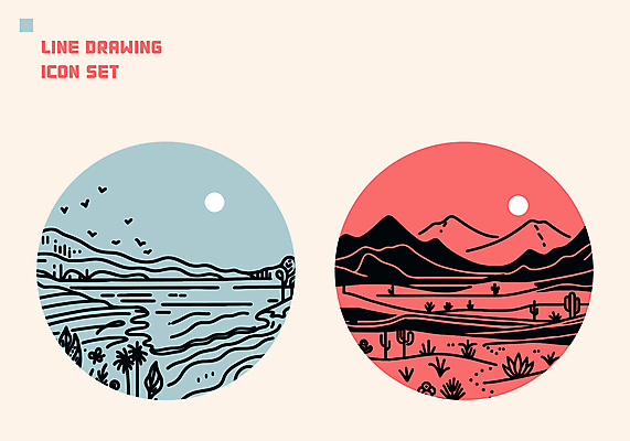 아이콘 자연 조류 선인장 풍경 해변 사람없음 태양 사막 원형 풀 분위기 라인아트 베이지색 2D아이콘 AI파일 자연요소 도형 식물 동물 선 바다 컬러 컨셉 생태계 파일형식 벡터