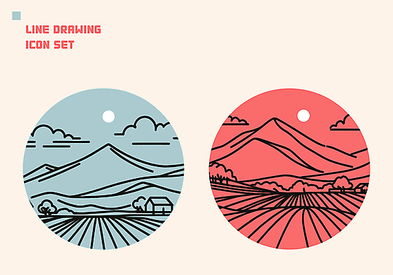 나무 구름 아이콘 밭 자연 산 주택 풍경 사람없음 태양 농장 원형 분위기 라인아트 베이지색 2D아이콘 AI파일 자연요소 도형 식물 선 컬러 컨셉 농업 건물 생태계 파일형식 벡터