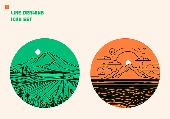 나무 구름 아이콘 밭 자연 산 주택 풍경 해변 사람없음 태양 원형 풀 분위기 라인아트 베이지색 2D아이콘 AI파일 자연요소 도형 식물 선 바다 컬러 컨셉 농업 건물 생태계 파일형식 벡터