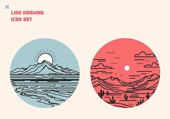 구름 아이콘 자연 산 선인장 풍경 사람없음 강 태양 원형 분위기 라인아트 베이지색 2D아이콘 AI파일 자연요소 도형 식물 선 컬러 컨셉 생태계 파일형식 벡터