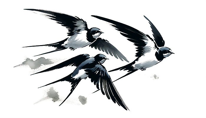 JPG 일러스트 붓터치 수묵화 사람없음 비행 먹 동양화 번짐 제비 국내일러스트 AI일러스트 AI콘텐츠 조류 서예 미술 파일형식 효과