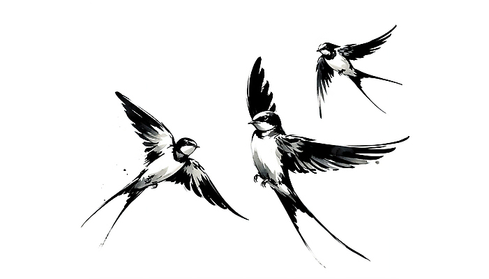 JPG 일러스트 붓터치 수묵화 사람없음 비행 먹 동양화 번짐 제비 국내일러스트 AI일러스트 AI콘텐츠 조류 서예 미술 파일형식 효과