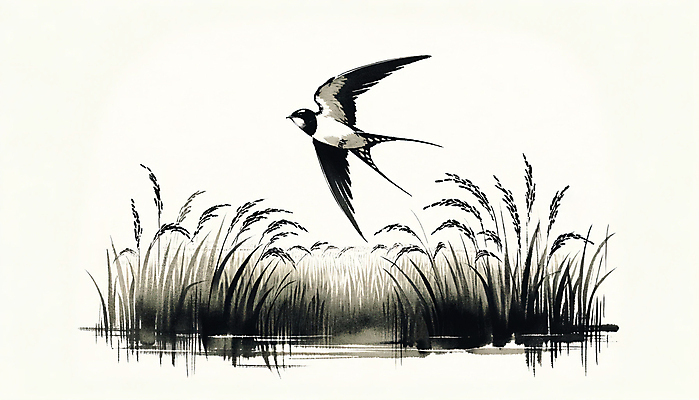 JPG 일러스트 붓터치 갈대 수묵화 사람없음 강 비행 먹 동양화 억새 번짐 제비 국내일러스트 AI일러스트 AI콘텐츠 식물 조류 서예 미술 파일형식 효과