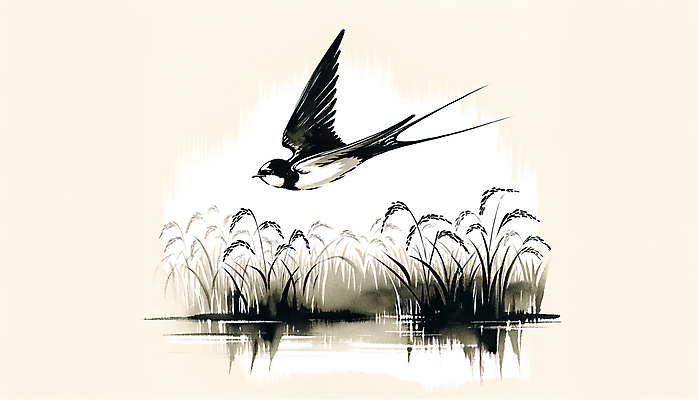 JPG 일러스트 붓터치 갈대 수묵화 사람없음 강 비행 먹 동양화 억새 번짐 제비 국내일러스트 AI일러스트 AI콘텐츠 식물 조류 서예 미술 파일형식 효과