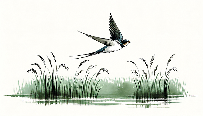 JPG 일러스트 붓터치 갈대 수묵화 사람없음 강 비행 먹 동양화 억새 번짐 제비 국내일러스트 AI일러스트 AI콘텐츠 식물 조류 서예 미술 파일형식 효과