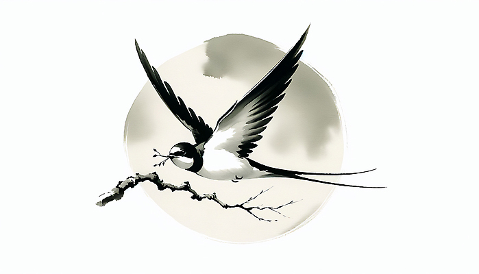 JPG 나무 일러스트 붓터치 수묵화 사람없음 나뭇가지 비행 먹 동양화 번짐 제비 국내일러스트 AI일러스트 AI콘텐츠 식물 조류 서예 미술 파일형식 효과