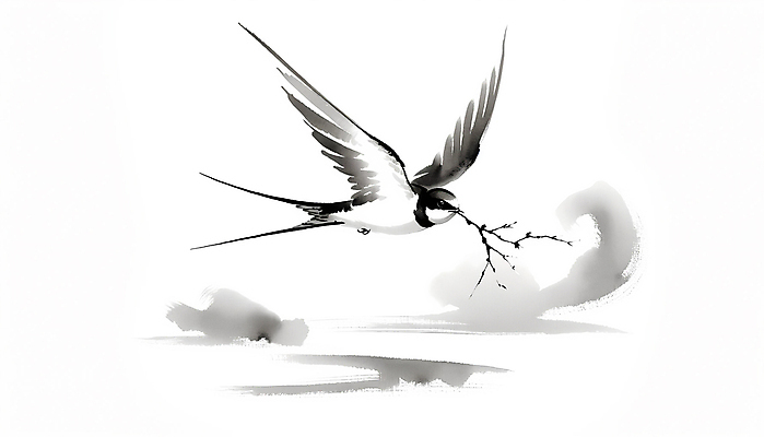 JPG 나무 일러스트 붓터치 수묵화 사람없음 나뭇가지 비행 먹 동양화 번짐 제비 국내일러스트 AI일러스트 AI콘텐츠 식물 조류 서예 미술 파일형식 효과