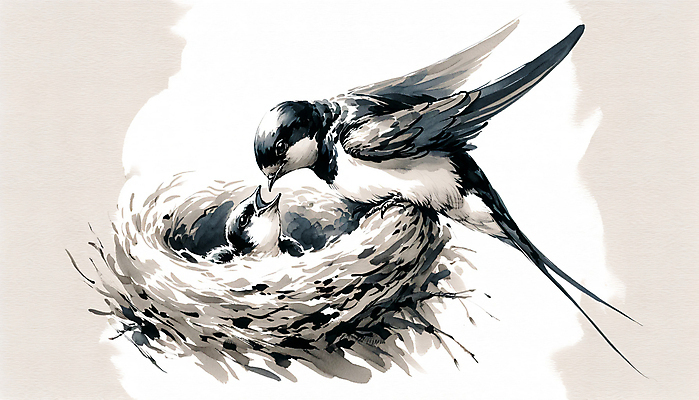 JPG 새끼 일러스트 붓터치 수묵화 앉기 사람없음 어미 둥지 먹이 먹 동양화 번짐 제비 국내일러스트 AI일러스트 AI콘텐츠 동물 모션 조류 서예 미술 파일형식 효과