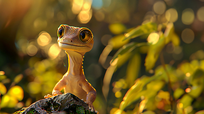 JPG 편집이미지 사람없음 햇빛 노란색 귀여움 풀잎 숲 디지털합성 도마뱀 이미지편집 편집실사 AI컴퓨터그래픽 AI콘텐츠 컬러 컨셉 잎 파충류 태양 풀_식물 CG 파일형식