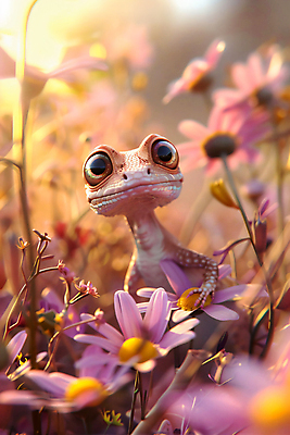 JPG 편집이미지 분홍색 사람없음 햇빛 귀여움 풀잎 숲 디지털합성 도마뱀 이미지편집 편집실사 AI컴퓨터그래픽 AI콘텐츠 컬러 컨셉 잎 파충류 태양 풀_식물 CG 파일형식