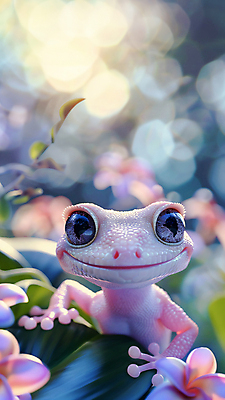 JPG 편집이미지 분홍색 사람없음 햇빛 귀여움 풀잎 숲 디지털합성 도마뱀 이미지편집 편집실사 AI컴퓨터그래픽 AI콘텐츠 컬러 컨셉 잎 파충류 태양 풀_식물 CG 파일형식