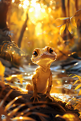 JPG 나무 편집이미지 사람없음 물 햇빛 노란색 귀여움 풀잎 숲 디지털합성 도마뱀 이미지편집 편집실사 AI컴퓨터그래픽 AI콘텐츠 자연요소 식물 컬러 컨셉 잎 파충류 태양 풀_식물 CG 파일형식