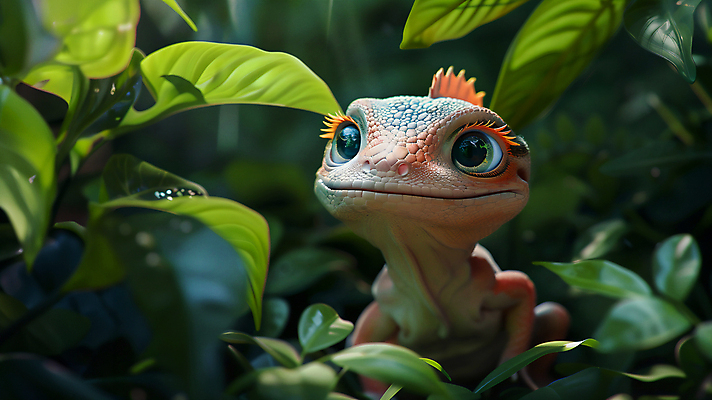 JPG 편집이미지 사람없음 초록색 햇빛 귀여움 풀잎 숲 디지털합성 도마뱀 이미지편집 편집실사 AI컴퓨터그래픽 AI콘텐츠 컬러 컨셉 잎 파충류 태양 풀_식물 CG 파일형식