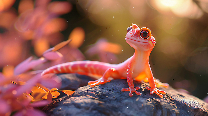 JPG 편집이미지 사람없음 빨간색 햇빛 귀여움 바위 풀잎 숲 디지털합성 도마뱀 이미지편집 편집실사 AI컴퓨터그래픽 AI콘텐츠 컬러 컨셉 잎 파충류 태양 돌_바위 풀_식물 CG 파일형식