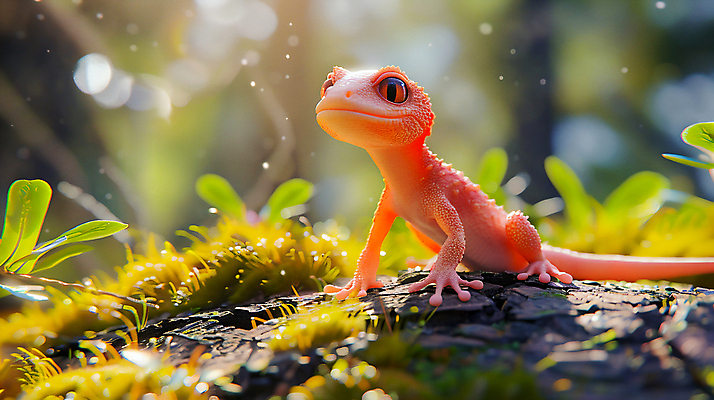 JPG 편집이미지 사람없음 햇빛 귀여움 주황색 풀잎 숲 디지털합성 도마뱀 이미지편집 편집실사 AI컴퓨터그래픽 AI콘텐츠 컬러 컨셉 잎 파충류 태양 풀_식물 CG 파일형식