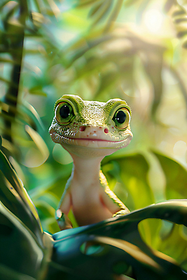JPG 편집이미지 사람없음 초록색 햇빛 귀여움 풀잎 숲 디지털합성 도마뱀 이미지편집 편집실사 AI컴퓨터그래픽 AI콘텐츠 컬러 컨셉 잎 파충류 태양 풀_식물 CG 파일형식