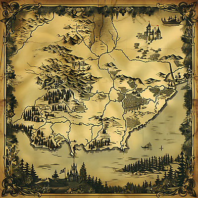 JPG 지도 일러스트 산 사람없음 판타지 갈색 탐험 빈티지 성 지형 국내일러스트 AI일러스트 AI콘텐츠 건축물 컬러 컨셉 상상 파일형식