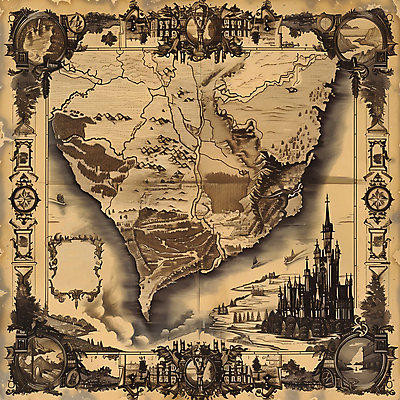 JPG 지도 일러스트 산 사람없음 판타지 갈색 탐험 빈티지 성 지형 국내일러스트 AI일러스트 AI콘텐츠 건축물 컬러 컨셉 상상 파일형식